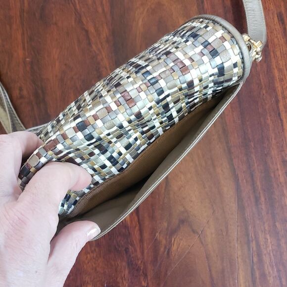 Vintage GANSON Woven Neutral Leather Crossbody Black Taupe Mustard Gray Cream - Picture 7 of 11